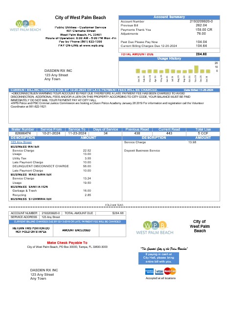 USA Florida City of West Palm Beach business utility bill template in Word and PDF formats